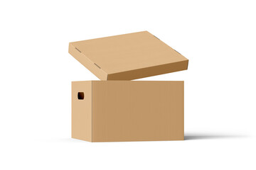Fototapeta premium brown Cardboard box with lid isolated on white background. paper packaging mockup