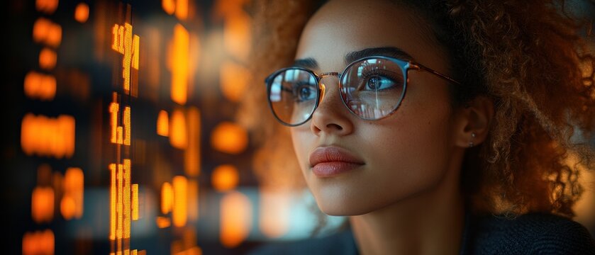 Woman with Curly Hair Wearing Glasses Looking at a Digital Display