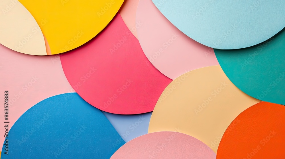 Poster vibrant paper circles in various colors stacked together, creating a playful and artistic background