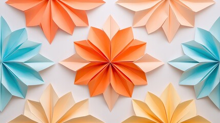 Vibrant paper flowers in shades of orange, blue, and yellow arranged beautifully for creative backgrounds and decorative designs.