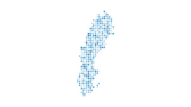 Sweden dotted digital map. Map of Sweden with pulsating colored circles. Shape of the country filled with blue disks. Appealing video.