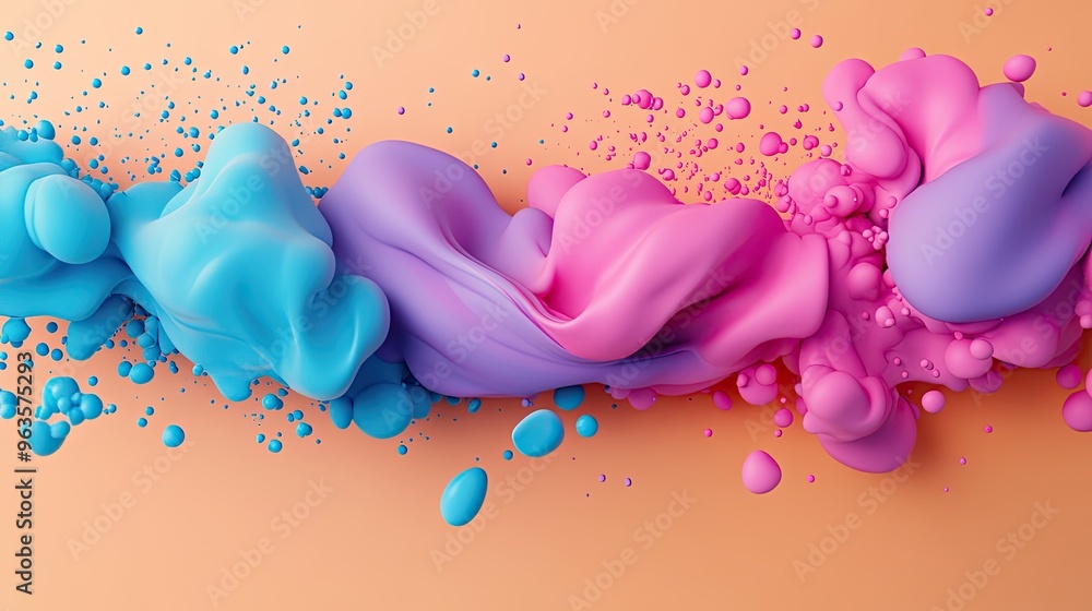 Poster vibrant splash of pink and blue paint creating dynamic shapes against a soft peach background for cr