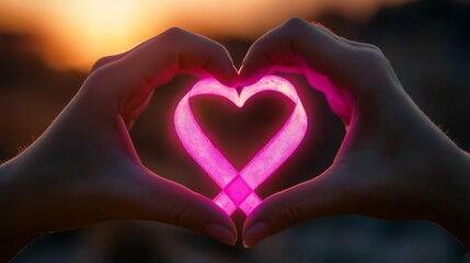 Fototapeta premium Pink Ribbon Heart Formed by Hands at Sunset
