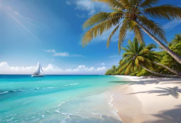 Papier peint photo  Tropical beach paradise with palm trees and romantic breakfast. The perfect place to relax with a picturesque view of the turquoise ocean and boat.  © CorelZavr