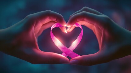 Fototapeta premium Hands Holding Pink Ribbon in Heart Shape Against Blue Background