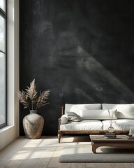 Minimalist interior featuring an elegant black wall, white sofa, and wooden coffee table near a window that bathes the room in natural light. 