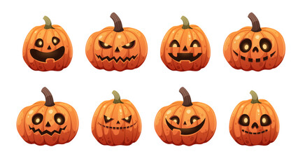 Halloween scary pumpkins set. Carved faces and scary characters on white background. Collection of vector illustrations