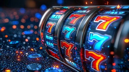Slot machine Isolated on dark blue background. Online Casino slots banner concept. Lucky triple sevens. Gambling illustration.