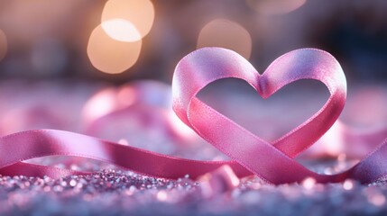 Fototapeta premium Pink Satin Ribbon Forming a Heart Shape on Glitter