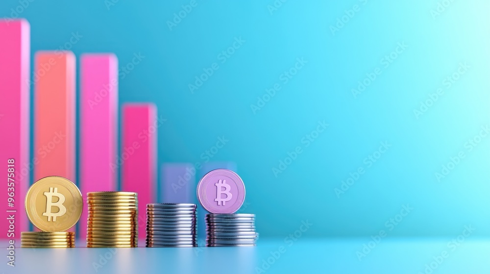 Poster visual representation of cryptocurrency growth with bitcoin coins and rising graph. perfect for fina