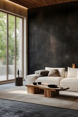 Minimalist interior with a modern black wall, showcasing a white sofa and wooden coffee table near a window filled with soft natural light.