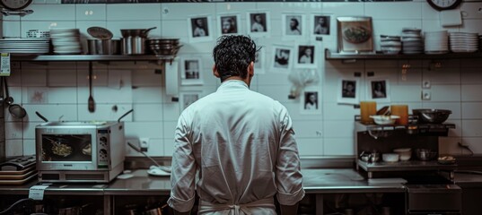 Naklejka premium Reflecting on Past Ambitions in an Empty Restaurant Kitchen - Culinary Success and Nostalgia Concept
