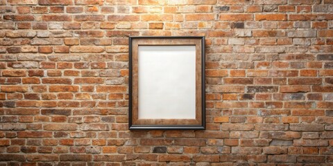 Blank frame with exhibition space hanging on weathered brick wall