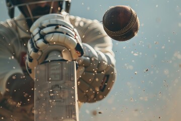 Focused Batsman Ready to Strike a Cricket Ball Mid Flight, Emphasizing Precision in Competitive Sports