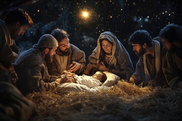 Mary and baby Jesus surrounded by shepherds, with the star of Bethlehem above © PinkiePie