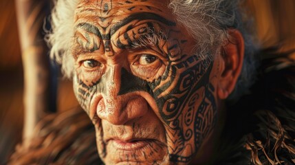 Maori Elder Performing Powerful Haka with Traditional Facial Tattoos for Cultural Celebration Art