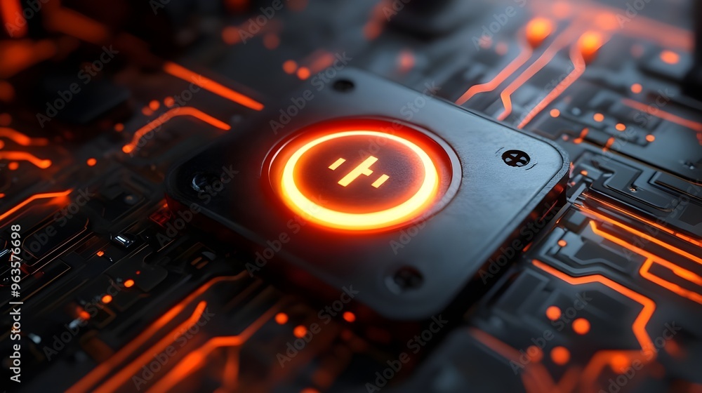 Poster artistic 3d render of a lit computer power button scene image