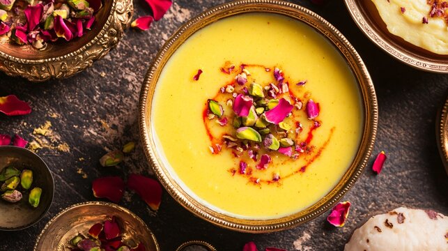 A luxurious flat lay of saffron-infused kheer, garnished with rose petals and pistachios, surrounded by festive Diwali decor