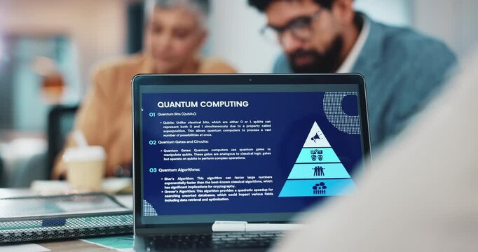 Laptop, screen and quantum computing research online with business people in meeting for innovation. Ai, computer and monitor with software, data pyramid and future technology at programming workshop