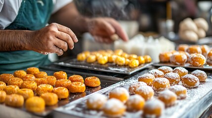 A traditional Indian kitchen scene with mithai being made, including stacks of freshly made laddus and jalebis cooling on a tray