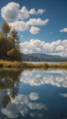 Obraz premium Serene landscape of a clear blue lake under a sunny sky with fluffy clouds.