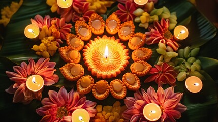 Artful display of Diwali sweets arranged in the shape of a diya, with glowing candles casting warm light over the arrangement