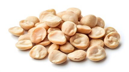Realistic close-up of dried fava beans on a white background, highlighting their slightly wrinkled surface and beige color with subtle shadows