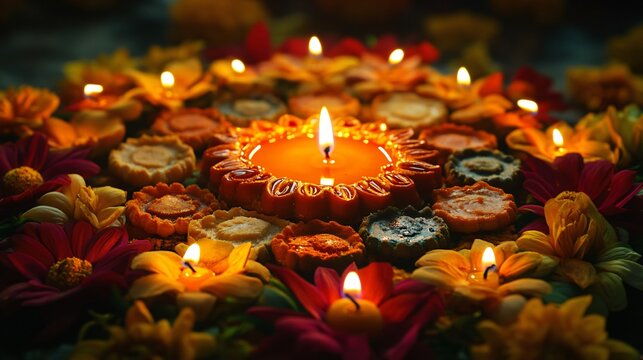 Artful display of Diwali sweets arranged in the shape of a diya, with glowing candles casting warm light over the arrangement