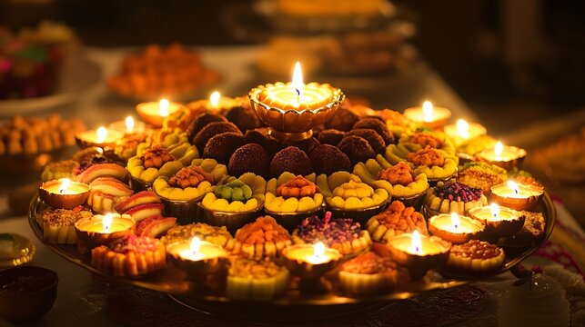 Artful display of Diwali sweets arranged in the shape of a diya, with glowing candles casting warm light over the arrangement