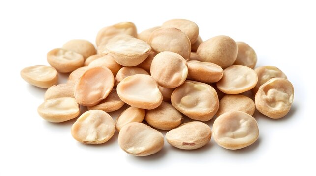 Realistic close-up of dried fava beans on a white background, highlighting their slightly wrinkled surface and beige color with subtle shadows