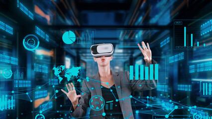 Businesswoman user making zoom with big data dynamic market graph monitor VR future global innovation interface digital infographic network technology thinking visual hologram animation. Contraption.