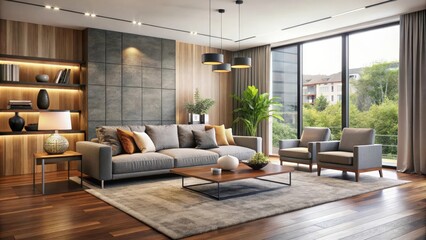 Fototapeta premium Sleek and contemporary living room with modern furniture and decor