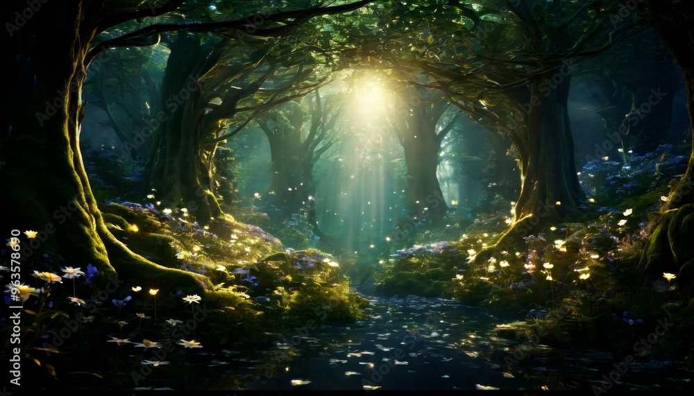 Poster sunlight streams through the dense canopy of a mystical forest, casting a magical glow on the lush, 