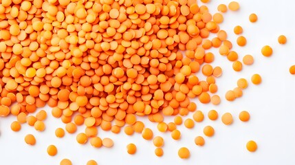 Realistic spread of red lentils on a white background, emphasizing their small, flat shape and vibrant orange color with delicate surface details
