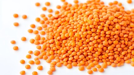 Realistic spread of red lentils on a white background, emphasizing their small, flat shape and vibrant orange color with delicate surface details