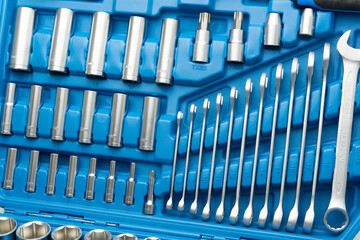 Fototapeta premium open ended wrench set in a toolbox, close up