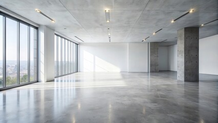 Empty room with modern interior design, featuring white walls and concrete floor