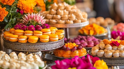 Fototapeta premium Fusion Diwali sweet display featuring Western-inspired desserts like macarons infused with Indian flavors: mango, cardamom and rose, alongside traditional sweets
