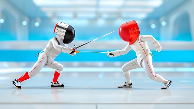 An intense fencing match, with swords clashing as two skilled fencers engage in a fast-paced duel. The sharp movements and quick reflexes of the athletes create a dramatic and exhilarating scene. 