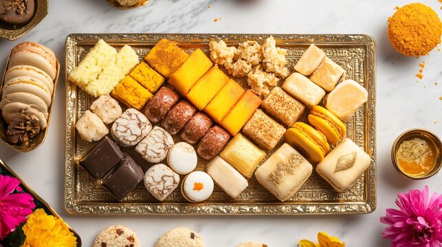 Fusion mithai platter with innovative combinations like chocolate kaju katli and saffron macarons, arranged on a marble surface with golden Diwali accents