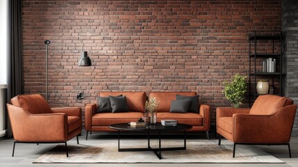 Modern Living Room with Brick Wall and Leather Furniture