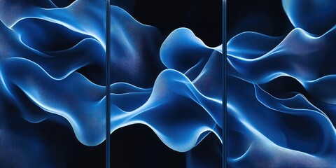 Obraz premium Abstract 3D Wall Art Panels with Blue Flowing Curves on Dark Background. AI generated illustration