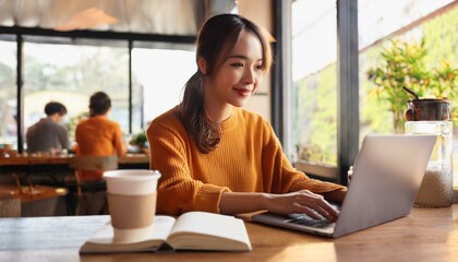 Fototapeta premium おしゃれなカフェでノートパソコンを使って仕事をしているアジア人女性（Asian woman working on laptop in stylish cafe） 