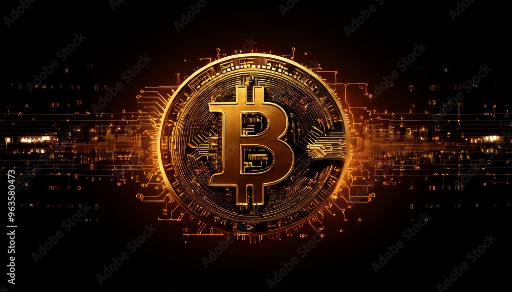 Poster a radiant bitcoin coin surrounded by a digital circuit pattern, highlighting the technological found