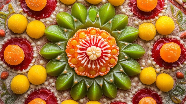 Rangoli pattern made with vibrant-colored sweets: green pistachio barfi, red peda, and yellow laddus, forming an edible mandala