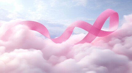 Pink Ribbon Floating Through Fluffy Clouds