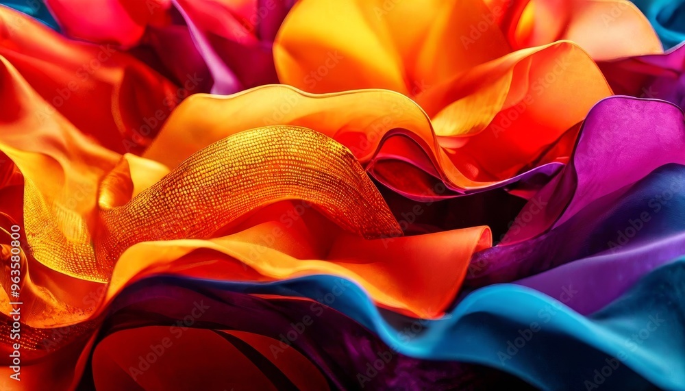 Poster an intricate close-up of colorful fabric waves, showcasing vibrant hues and textures. this abstract 