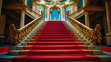 Obraz premium Ornate Grand Staircase with Red Carpet and Gold Railings