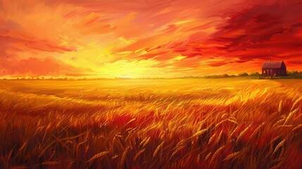 Obraz premium A vibrant sunset illuminates a golden field, creating a serene rural landscape, perfect for relaxation and inspiration.
