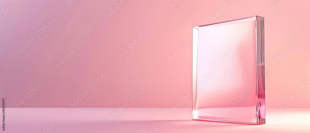 Poster an elegant glass block with a soft pink hue, reflecting light and casting gentle shadows on a smooth